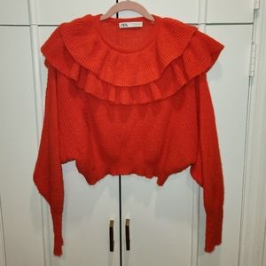 Zara ruffled cropped relaxed fit sweater, bright  red